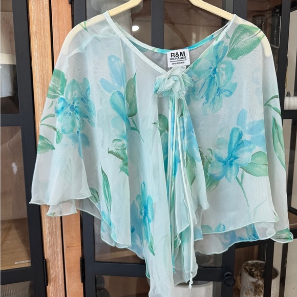 Vintage y2k R&M Richards Sheer Floral Poncho Blouse flower turquoise arm cover - Picture 1 of 8